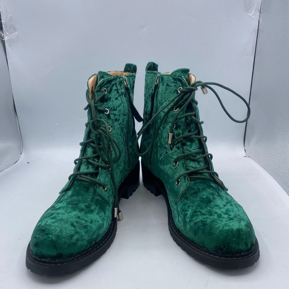 green lace up combat moto boots flats shoes low heels booties